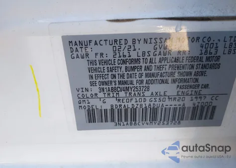 2021 Nissan Sentra Sv Xtronic Cvt из США, поврежденный, VIN 3N1AB8CV4MY253728